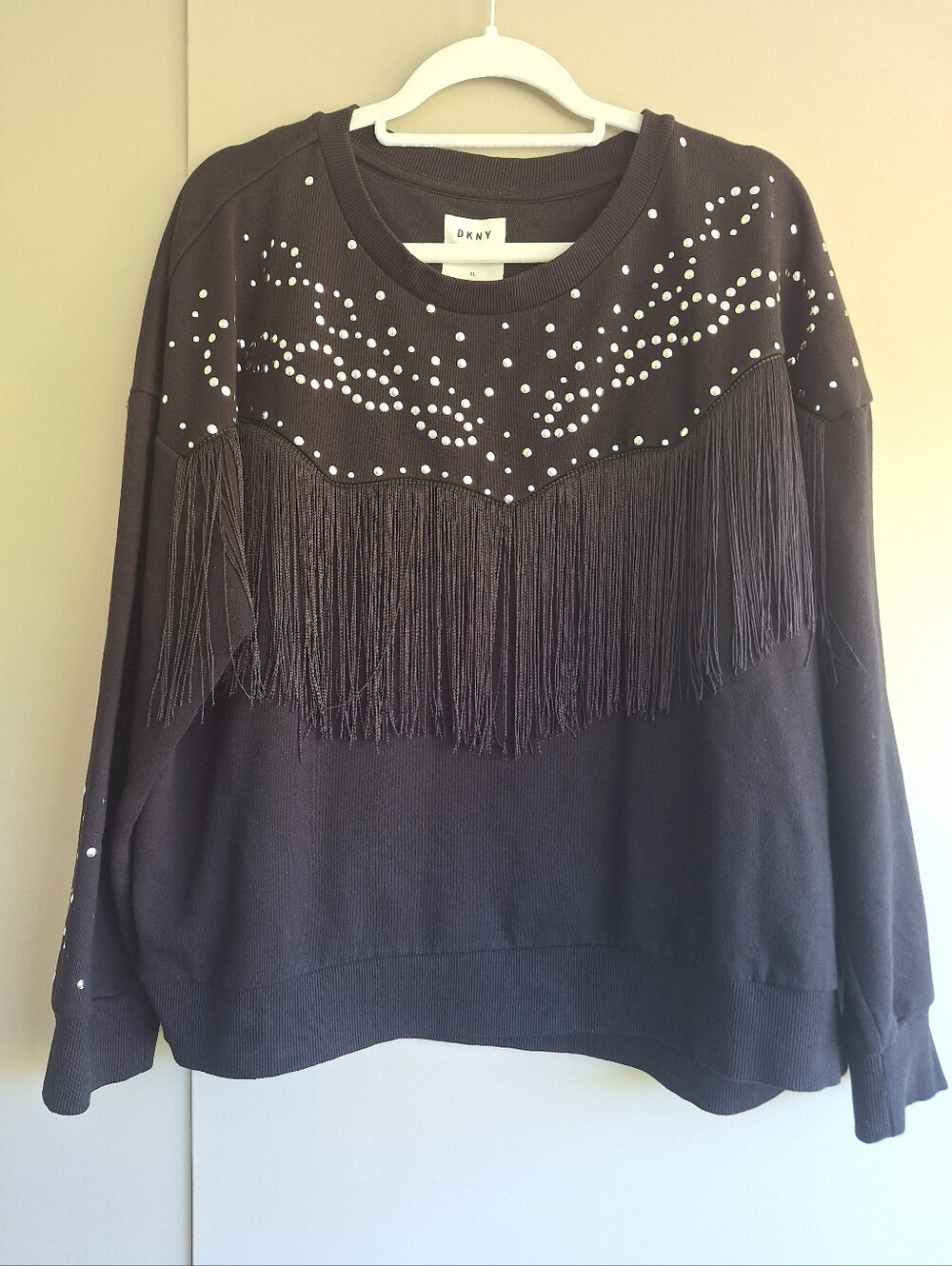 DKNY The Everywhere Sweatshirt Black Studded Fringe Embellished Pullover XL